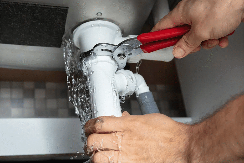 Plumber fixing pipes